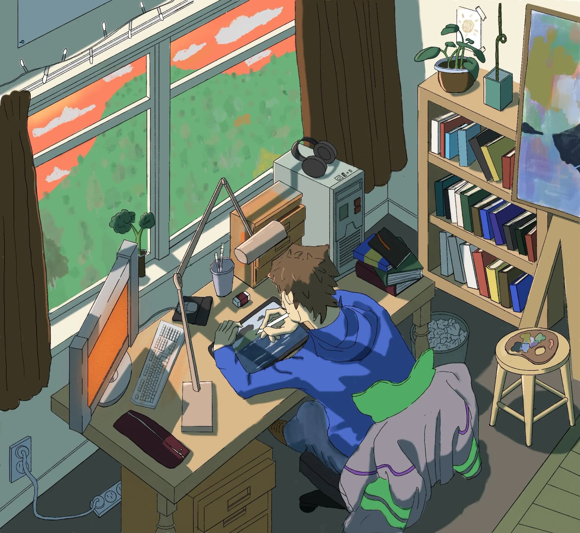Illustration by Jakob Backhouse of an artist drawing on a tablet at a desk by a window, surrounded by plants, books and an easel